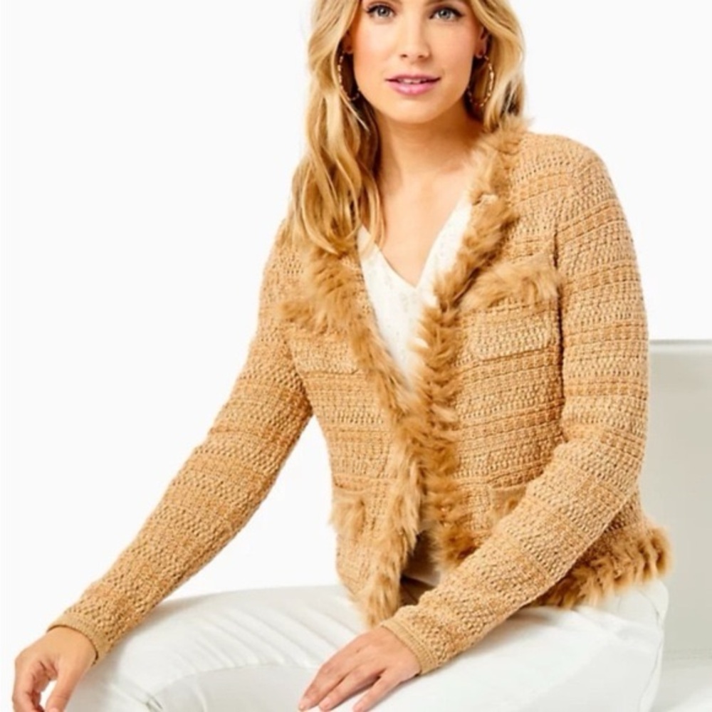 Lilly Pulitzer Preona Gold Metallic Cardigan Sweater with Faux Fur Trim XXS. - Picture 2 of 11